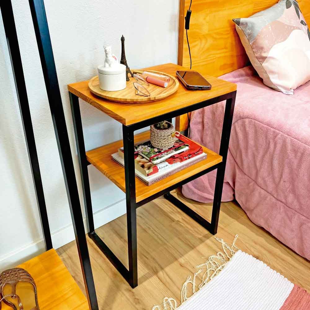Mesa de Cabeceira Style de Ferro e Madeira Square Industrial Carvalho e Preto