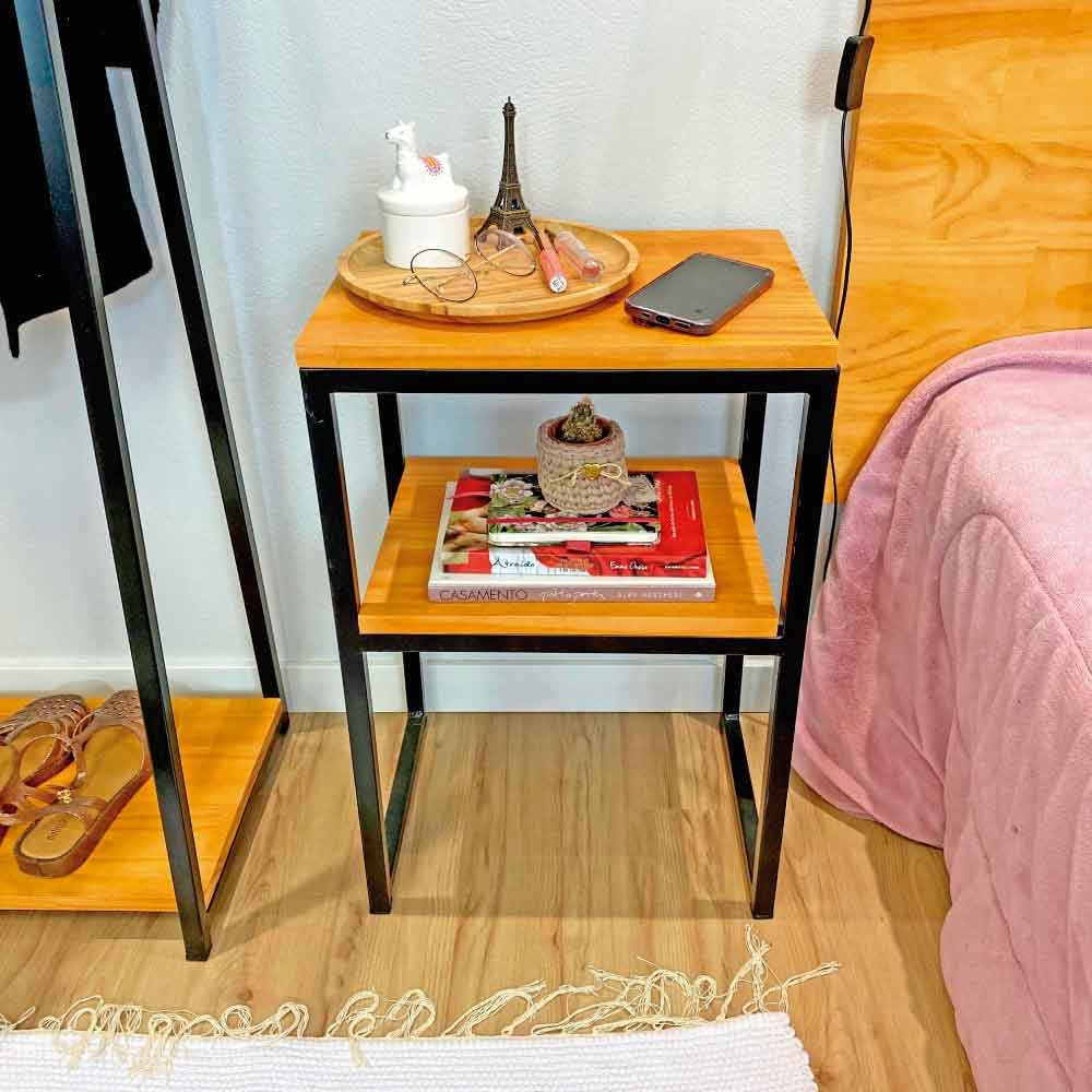 Mesa de Cabeceira Style de Ferro e Madeira Square Industrial Carvalho e Preto