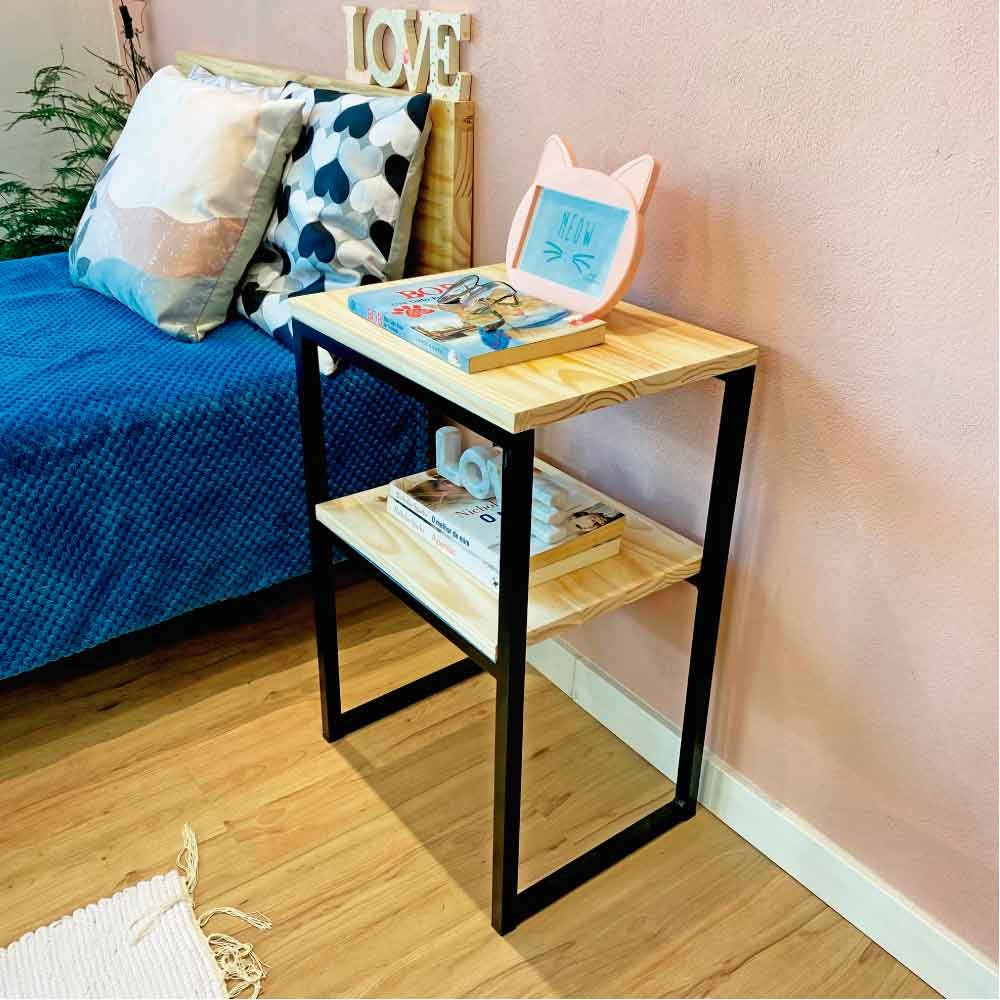 Mesa de Cabeceira Style de Ferro e Madeira Square Industrial Natural e Preto
