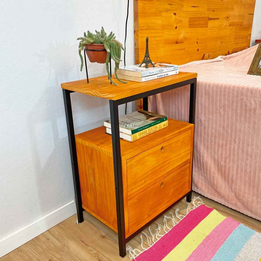 Mesa de Cabeceira Style de Ferro e Madeira com 1 Gaveta e 1 Prateleira Industrial Natural e Preto