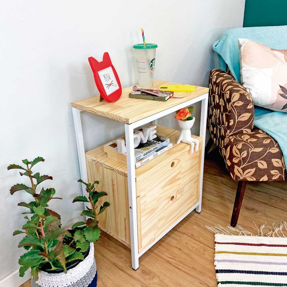 Mesa de Cabeceira Style de Ferro e Madeira com 2 Gavetas Industrial Carvalho e Preto