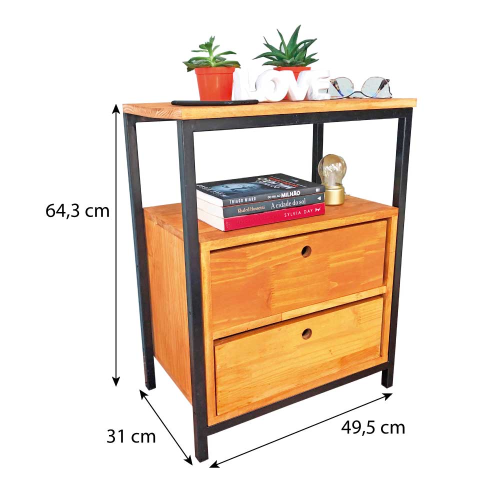 Mesa de Cabeceira Style de Ferro e Madeira com 2 Gavetas Industrial Natural e Preto