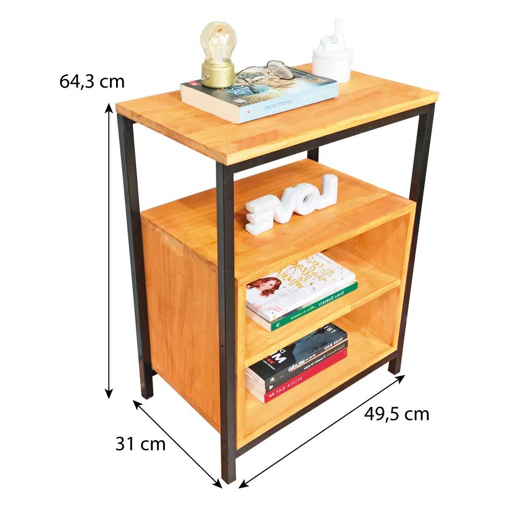 Mesa de Cabeceira Style de Ferro e Madeira com 2 Prateleiras Industrial Carvalho e Preto