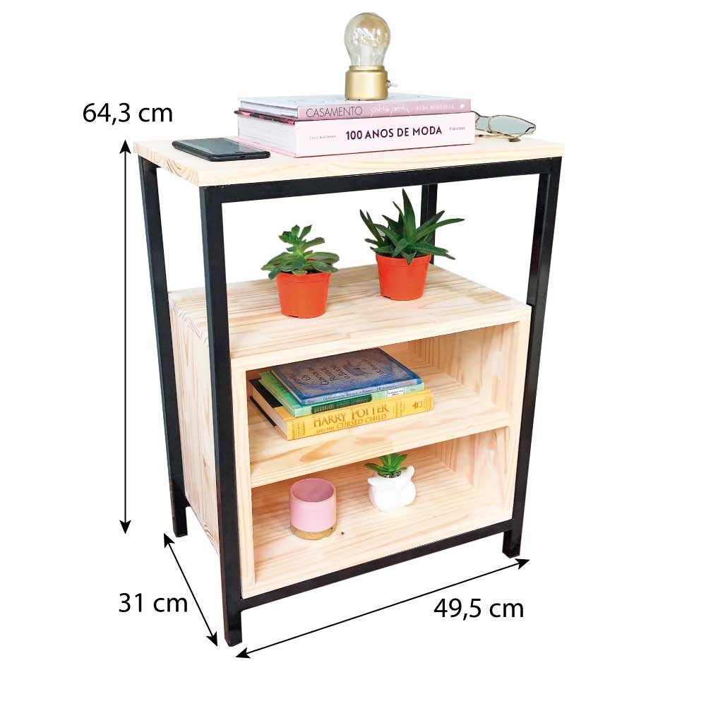 Mesa de Cabeceira Style de Ferro e Madeira com 2 Prateleiras Industrial Natural e Preto