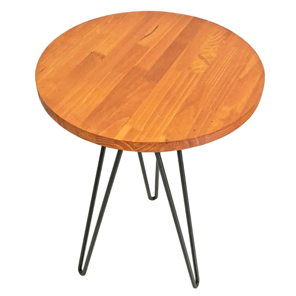 Mesa de Canto Circular de Ferro e Madeira Industrial Hairpin Carvalho e Preto
