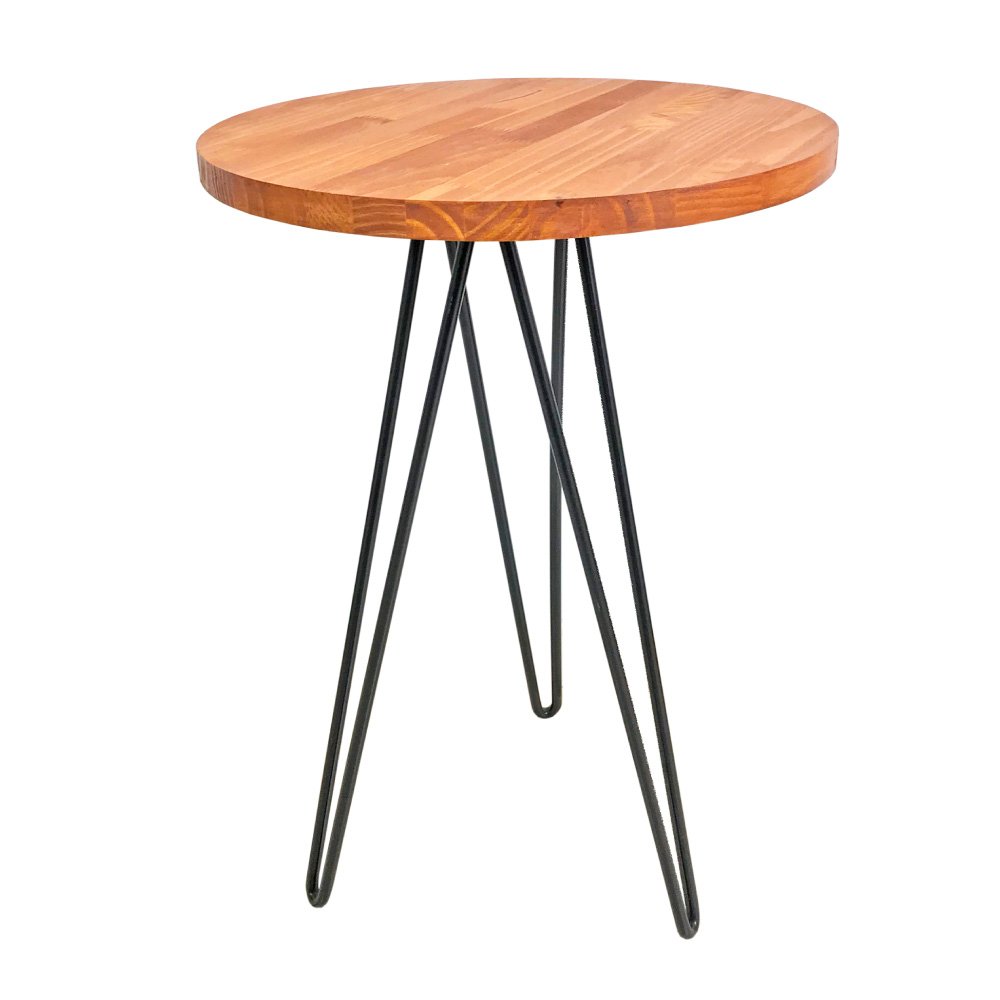 Mesa de Canto Circular de Ferro e Madeira Industrial Hairpin Carvalho e Preto