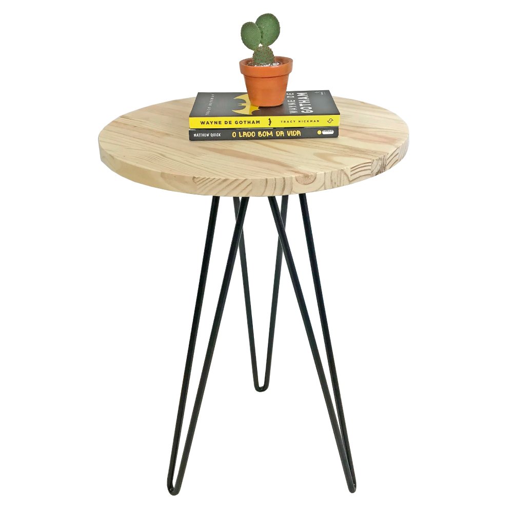 Mesa de Canto Circular de Ferro e Madeira Industrial Hairpin Natural e Preto