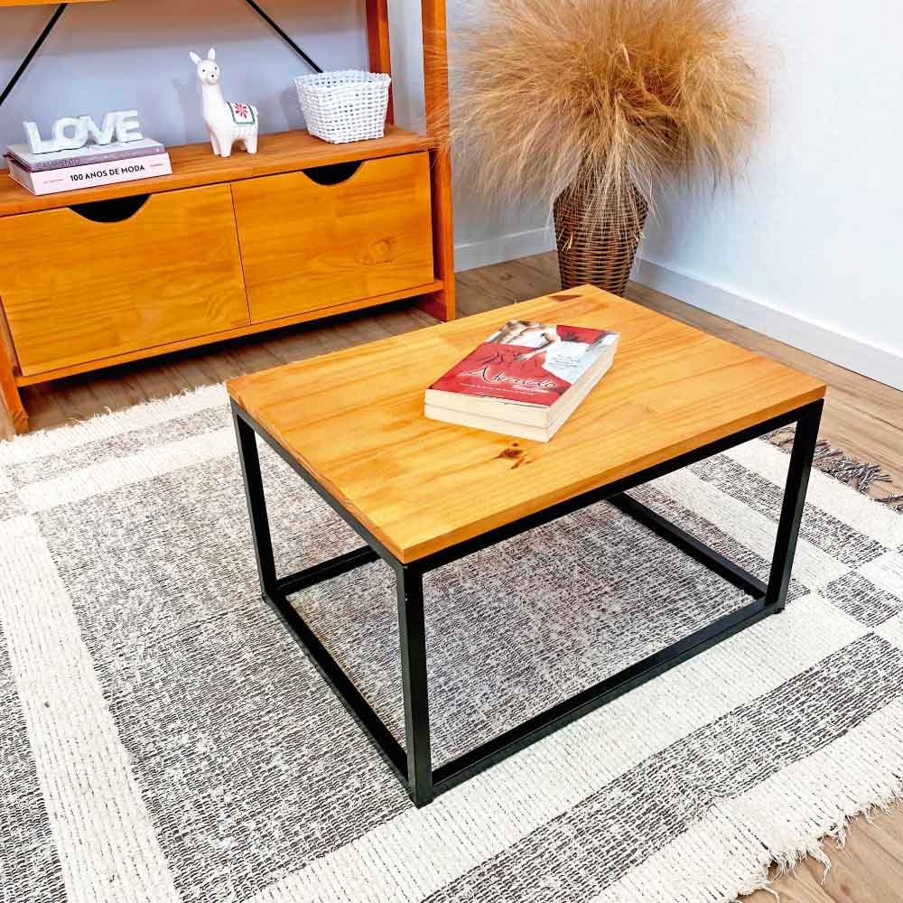 Mesa de Centro Retangular de Ferro e Madeira Style Industrial Carvalho e Preto