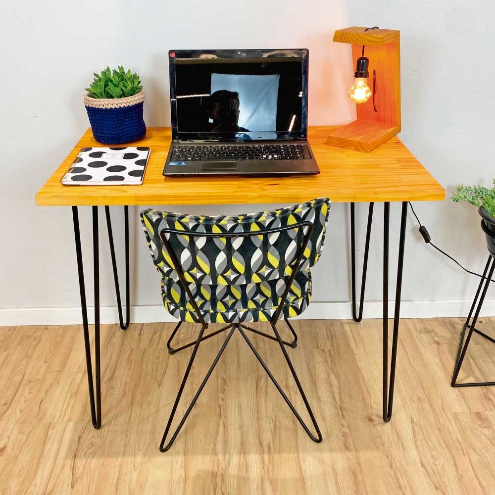 Mesa para Escritório de Ferro e Madeira  96cmHairpin Industrial Carvalho e Preto