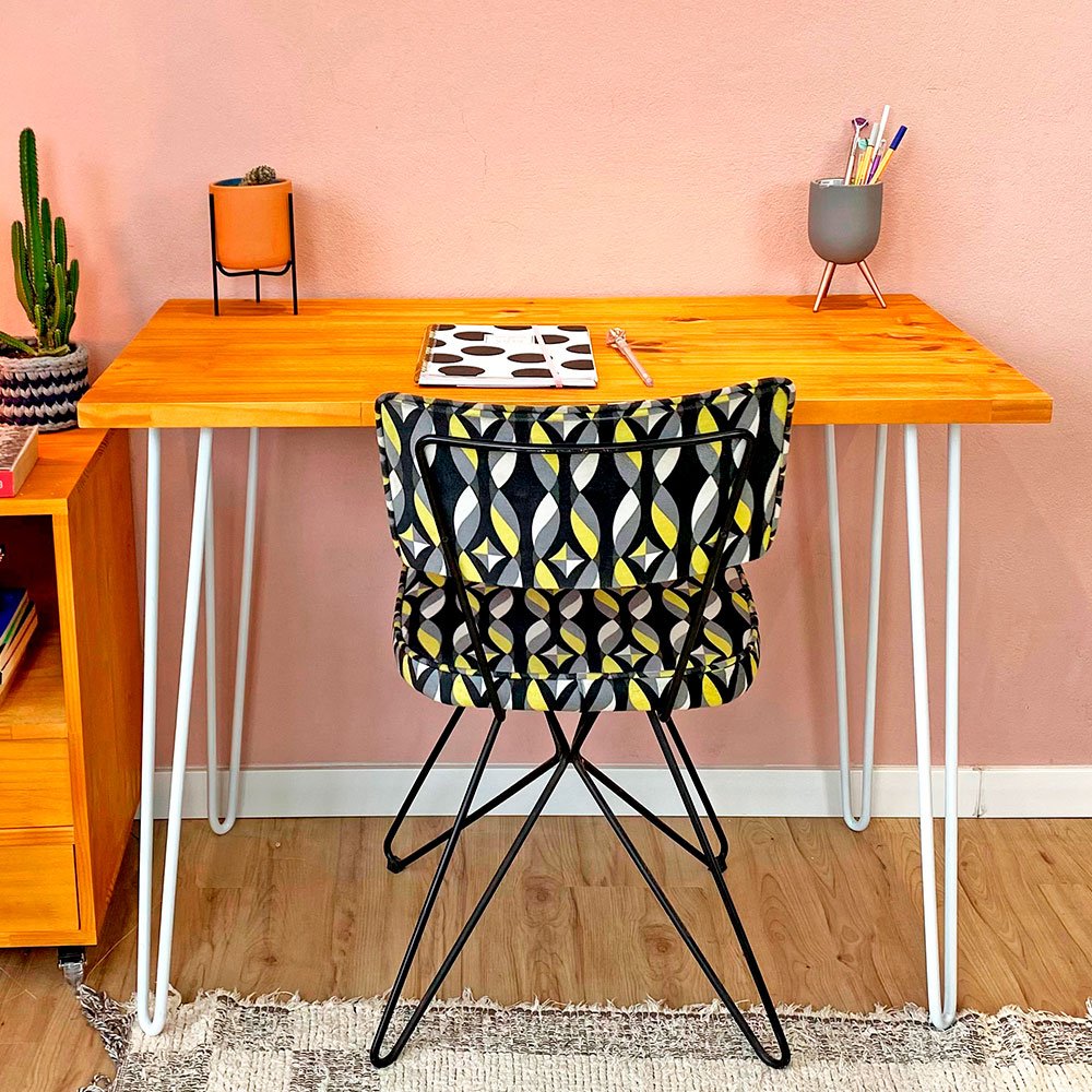 Mesa para Escritório de Ferro e Madeira 96cm Hairpin Industrial Carvalho e Branco