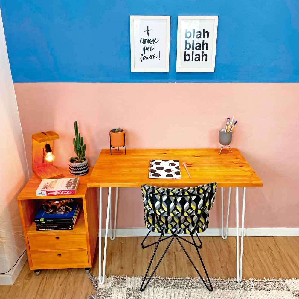Mesa para Escritório de Ferro e Madeira 96cm Hairpin Industrial Carvalho e Branco