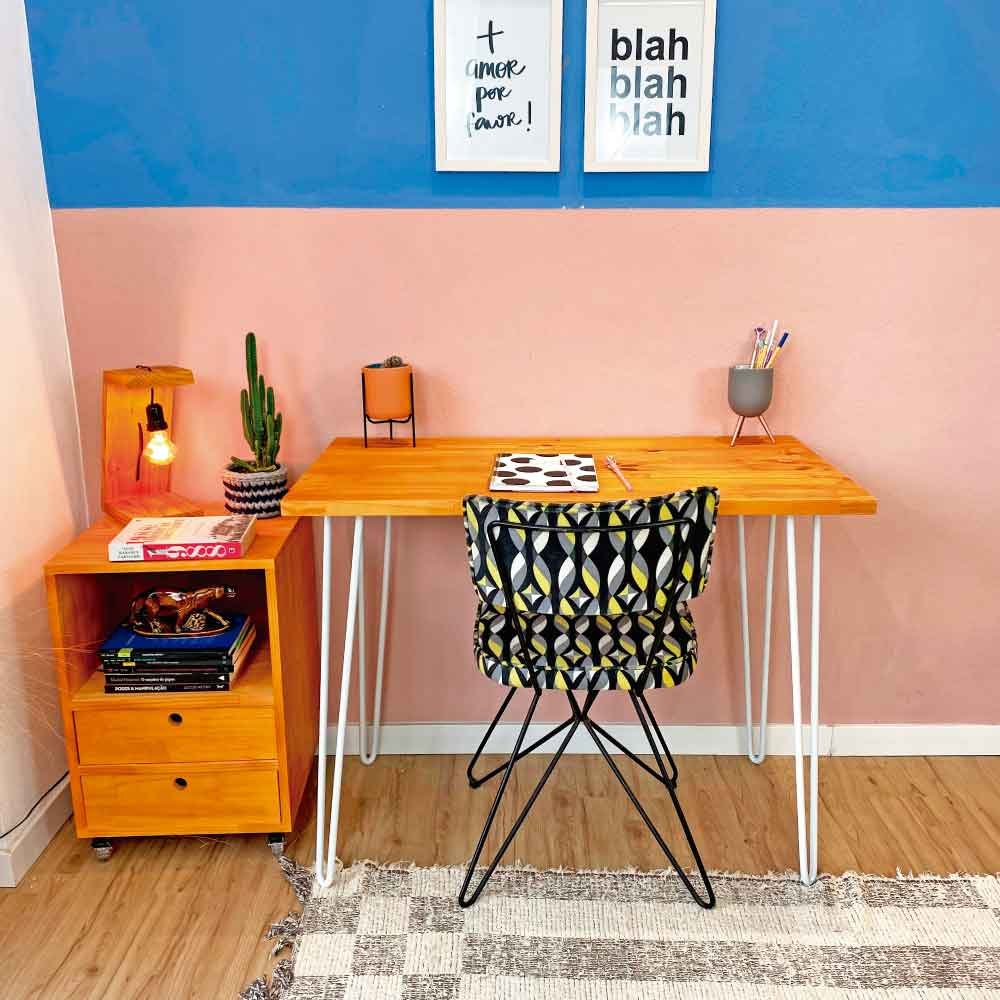 Mesa para Escritório de Ferro e Madeira 96cm Hairpin Industrial Carvalho e Branco