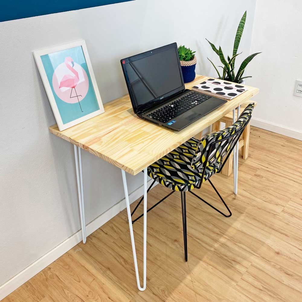 Mesa para Escritório de Ferro e Madeira 96cm Hairpin Industrial Natural e Branco