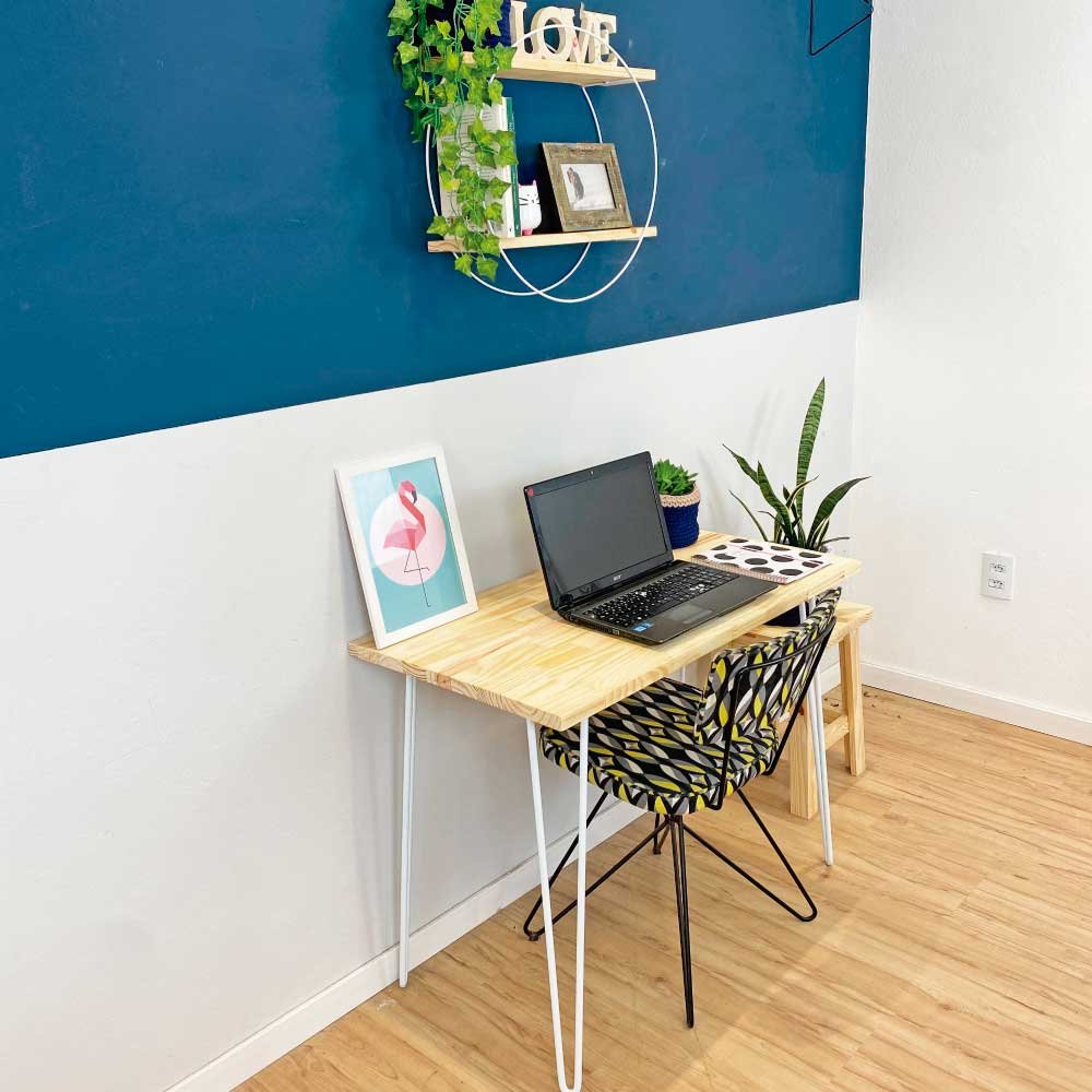 Mesa para Escritório de Ferro e Madeira 96cm Hairpin Industrial Natural e Branco
