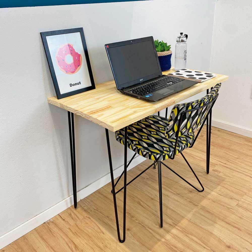 Mesa para Escritório de Ferro e Madeira 96cm Hairpin Industrial Natural e Preto