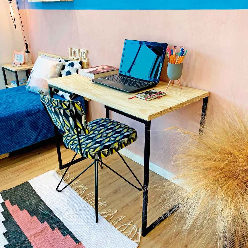 Mesa para Escritório de Ferro e Madeira 96cm Style Industrial Natural e Preto