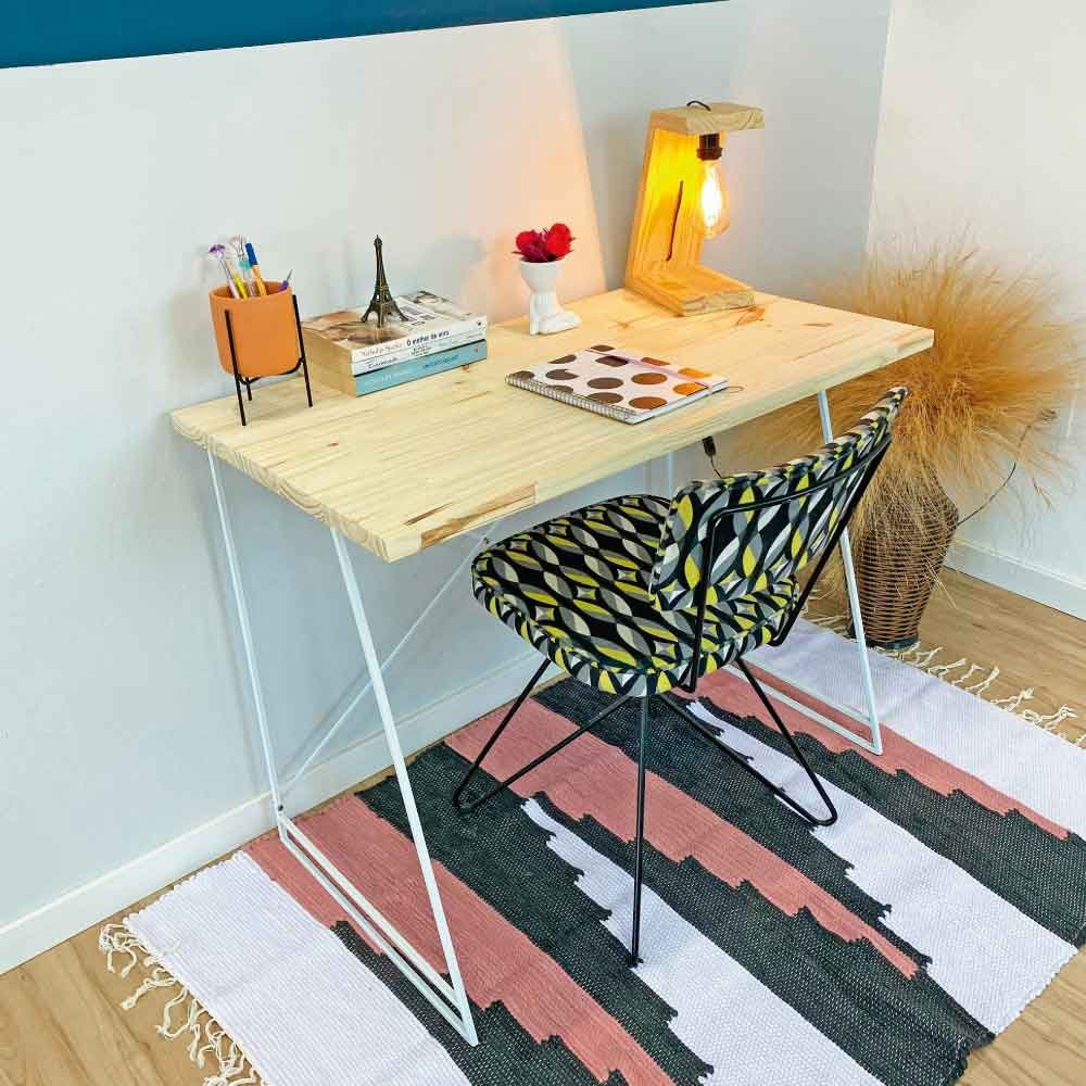 Mesa para Escritório de Ferro e Madeira Industrial Natural e Branco
