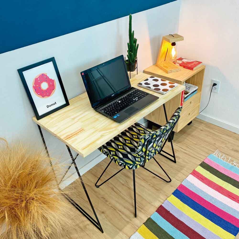 Mesa para Escritório de Ferro e Madeira Industrial Natural e Preto