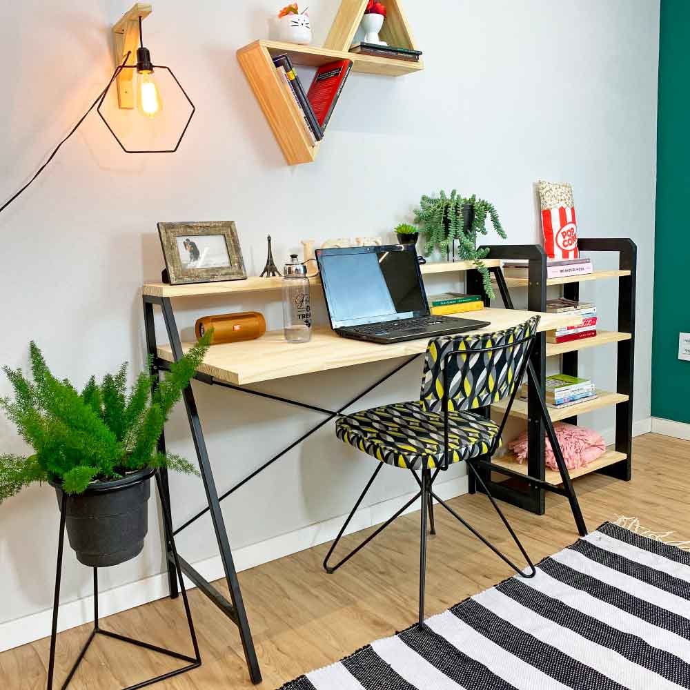Mesa para Escritório de Ferro e Madeira Style Stair 124cm Natural e Preto
