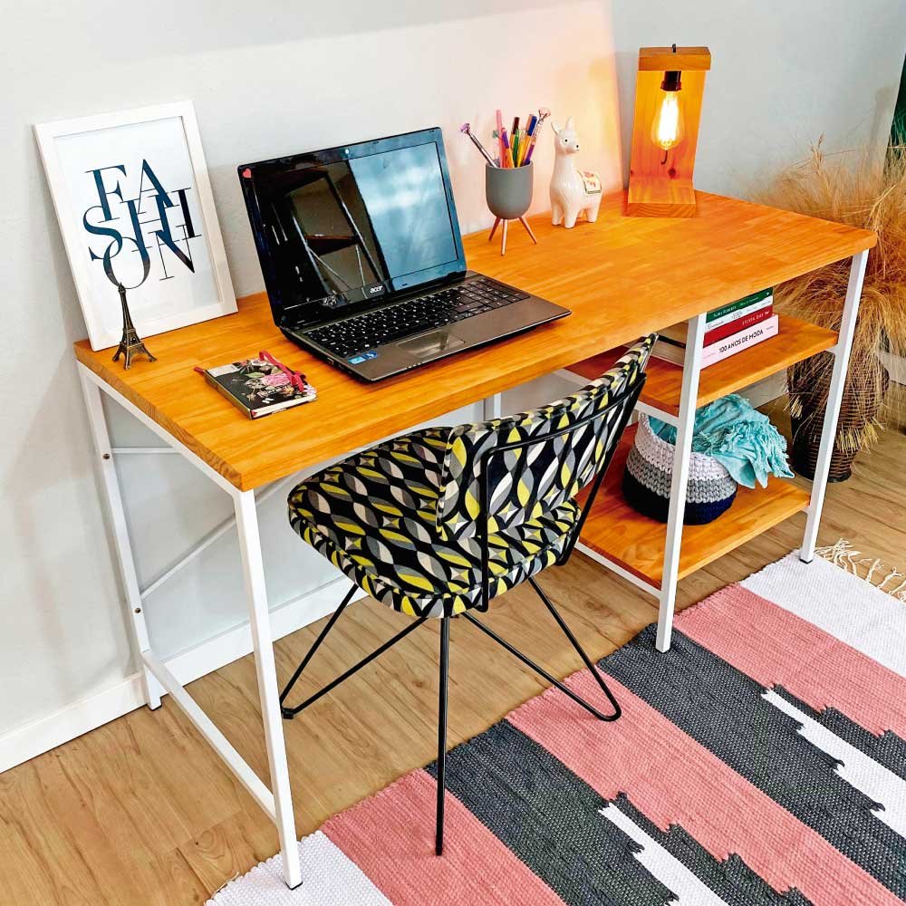 Mesa para Escritório de Ferro e Madeira com Prateleiras Style Industrial Carvalho e Branco
