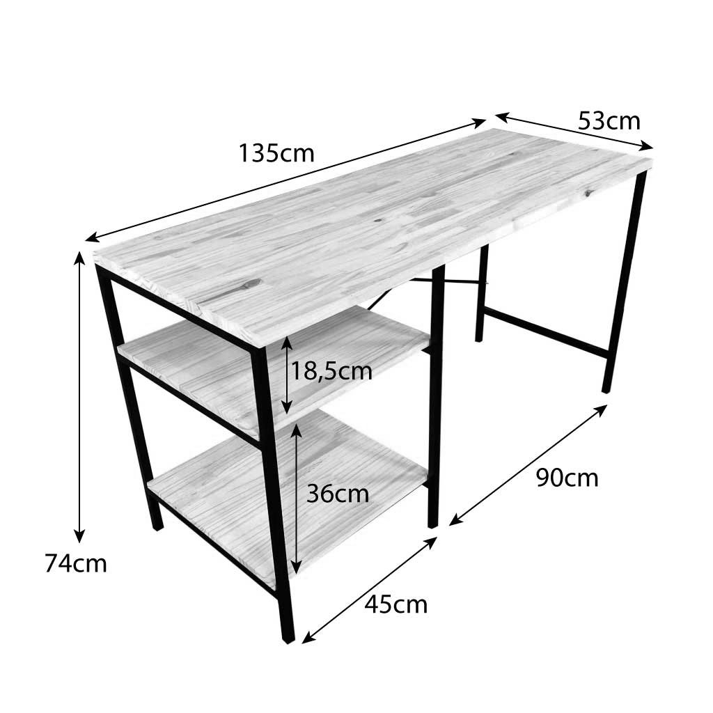 Mesa para Escritório de Ferro e Madeira com Prateleiras Style Industrial Carvalho e Branco