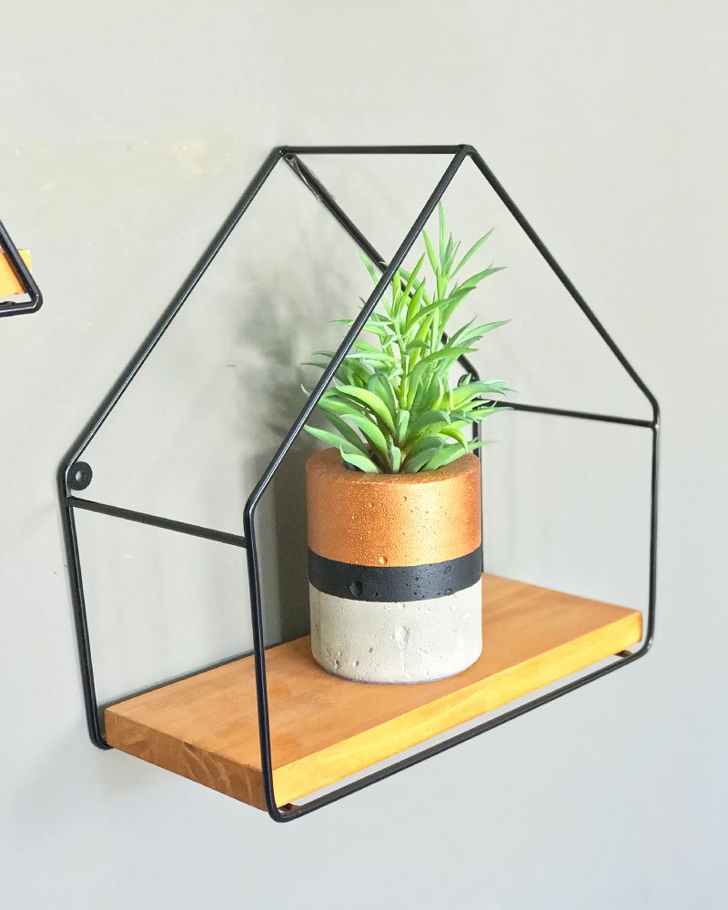 Nicho Mini de Parede de Ferro e Madeira Casinha Carvalho e Preto