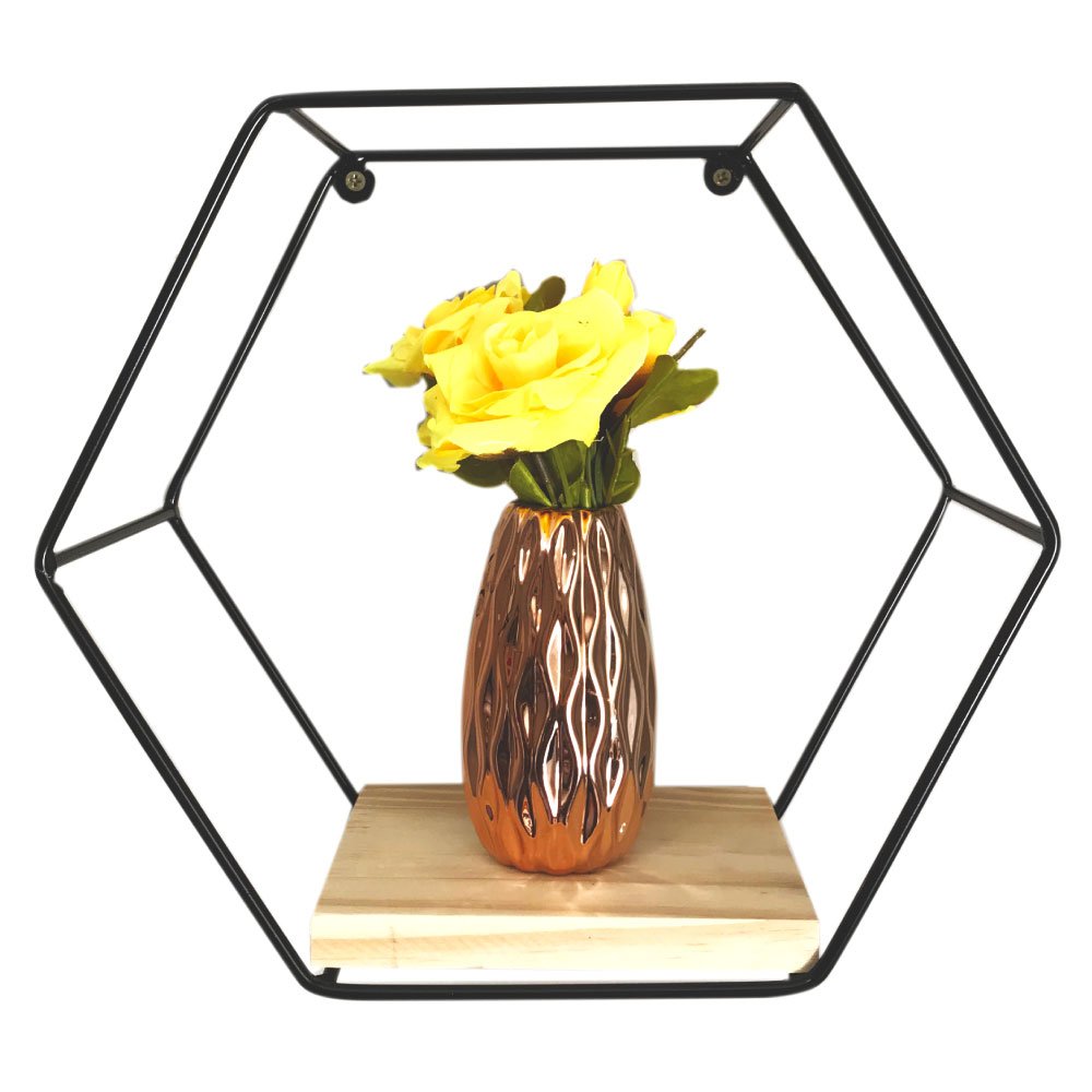 Nicho Mini de Parede de Ferro e Madeira Hexágono Natural e Preto