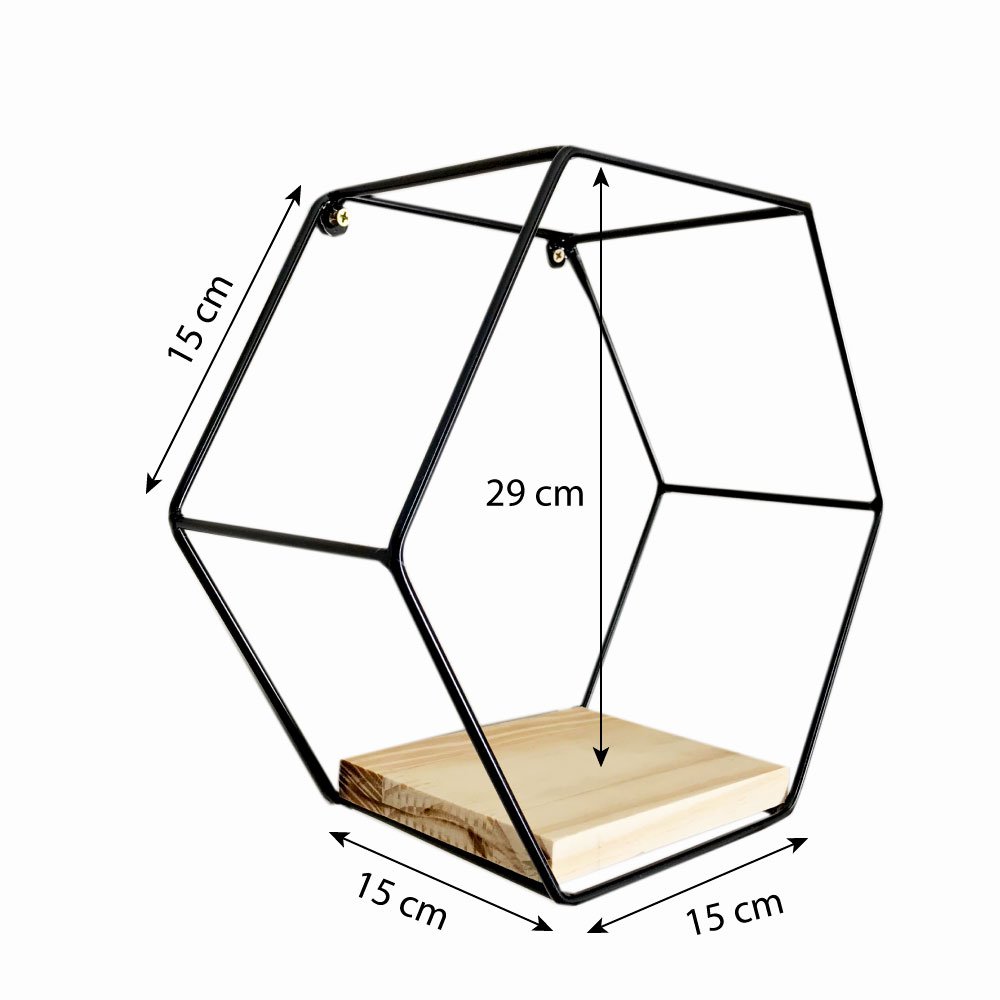 Nicho Mini de Parede de Ferro e Madeira Hexágono Natural e Preto
