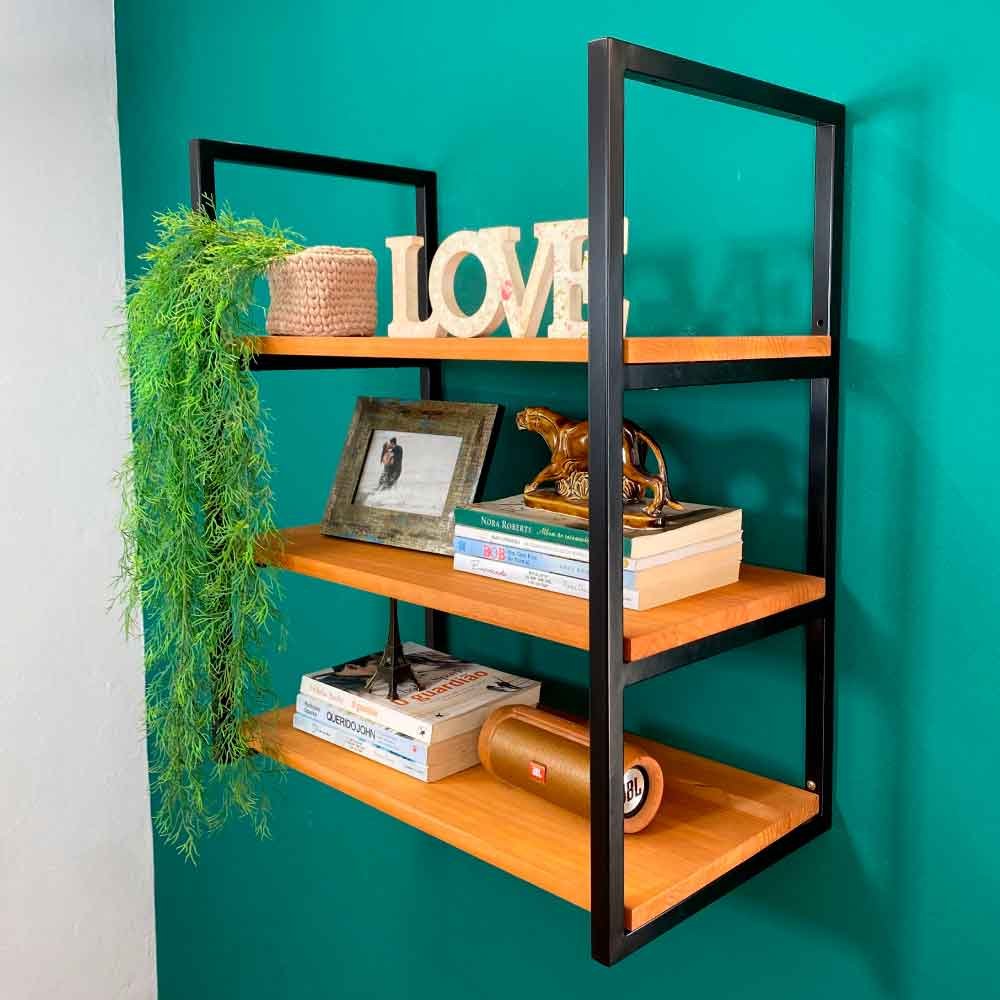 Prateleira Decorativa de Parede de Ferro e Madeira Industrial Style Slim Carvalho e Preto
