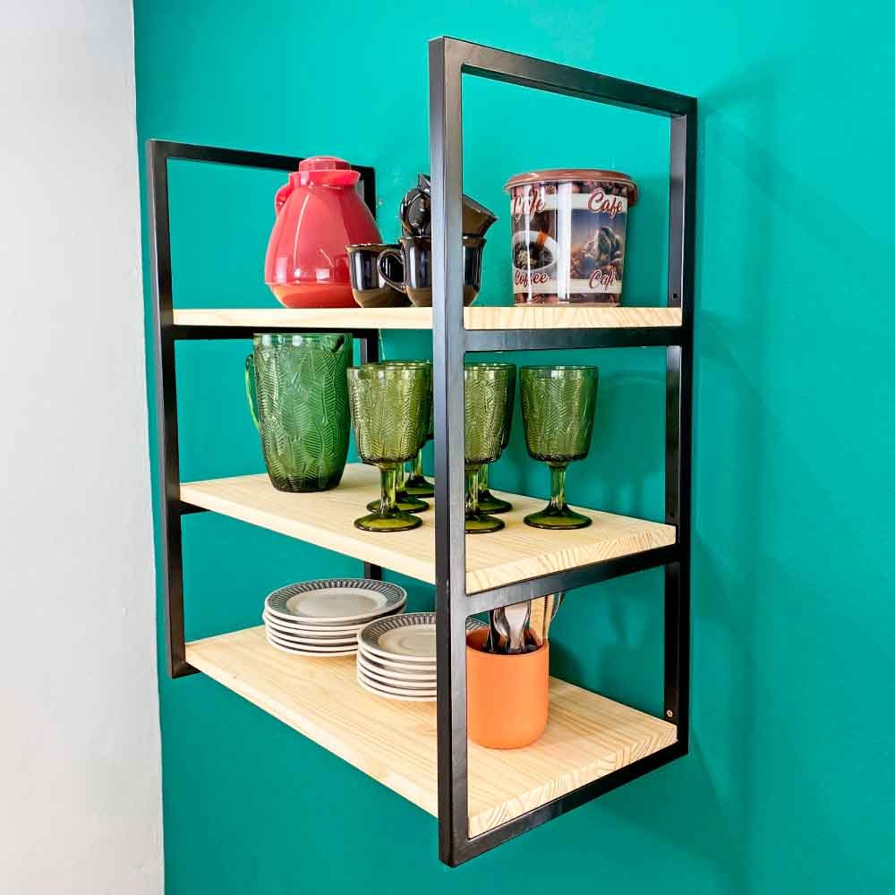 Prateleira Decorativa de Parede de Ferro e Madeira Industrial Style Slim Natural e Preto