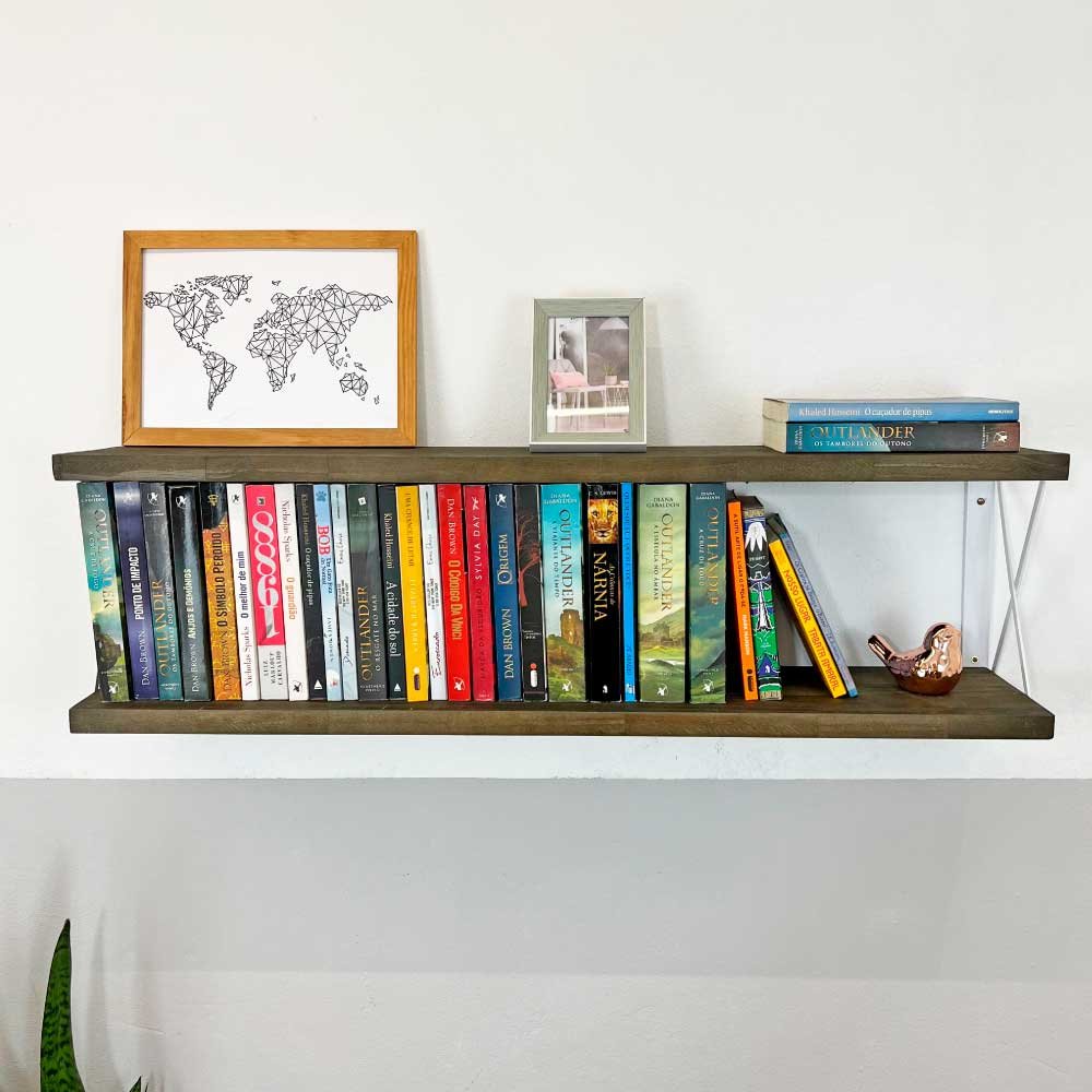Prateleira Dual de Ferro e Madeira 100cm Industrial Tabaco e Branco