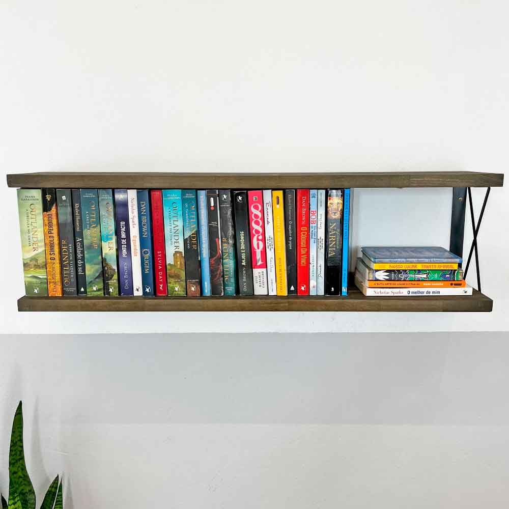 Prateleira Dual de Ferro e Madeira 100cm Industrial Tabaco e Preto