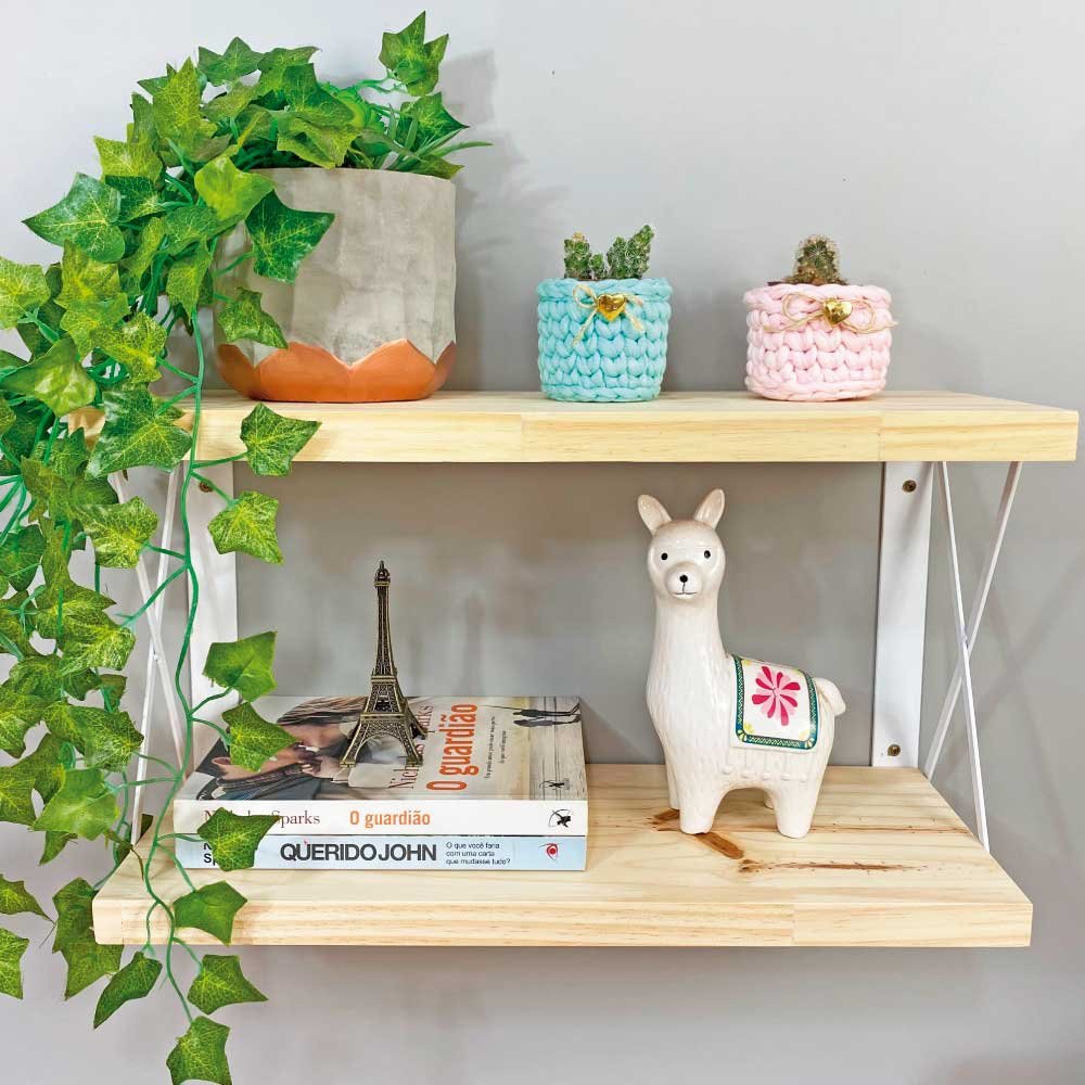 Prateleira Dual de Ferro e Madeira 60cm Industrial Natural e Branco