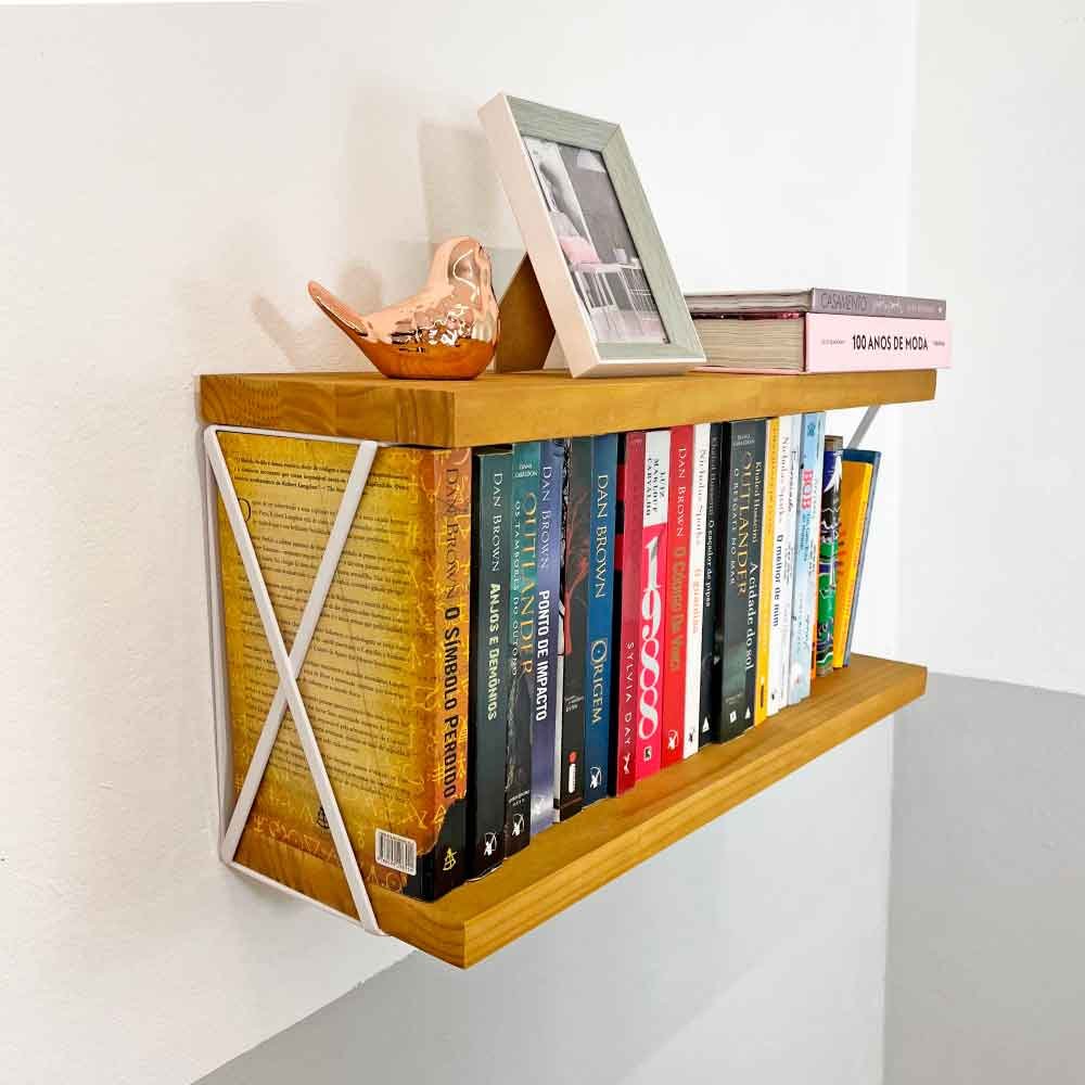 Prateleira Dual de Ferro e Madeira 60cm Industrial Nozes e Branco