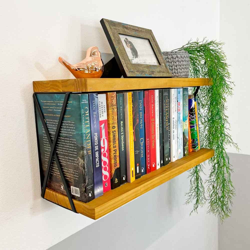 Prateleira Dual de Ferro e Madeira 60cm Industrial Nozes e Preto