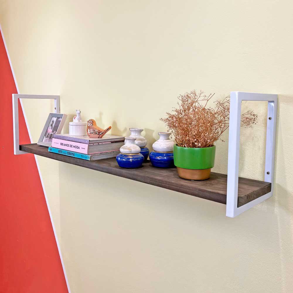 Prateleira de Ferro e Madeira Industrial de Parede Style 1 Prateleira 120cm Tabaco e Branco