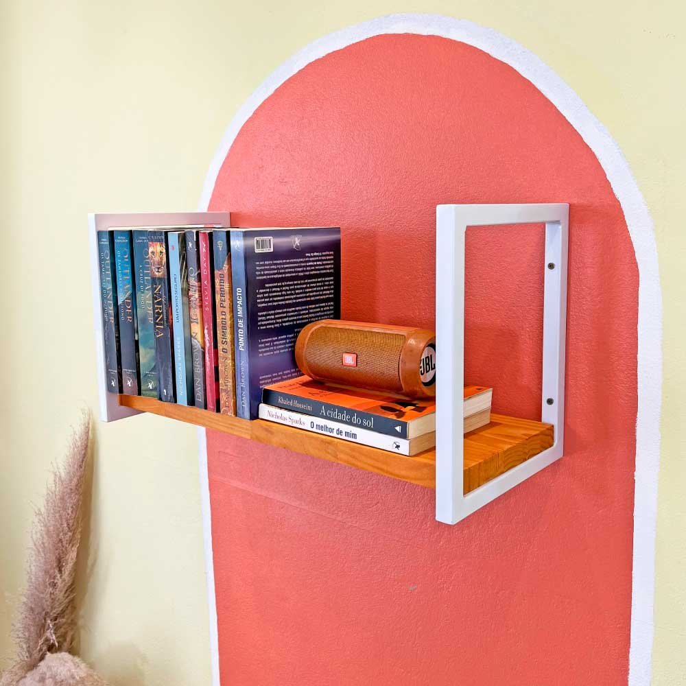 Prateleira de Ferro e Madeira Industrial de Parede Style 1 Prateleira 60cm Carvalho e Branco