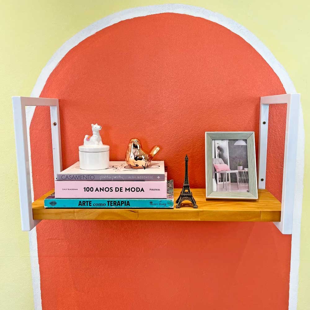 Prateleira de Ferro e Madeira Industrial de Parede Style 1 Prateleira 60cm Nozes e Branco