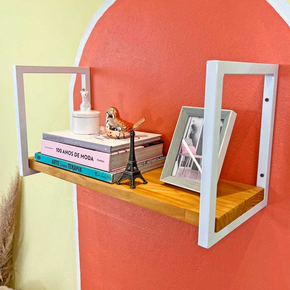 Prateleira de Ferro e Madeira Industrial de Parede Style 1 Prateleira 60cm Nozes e Branco
