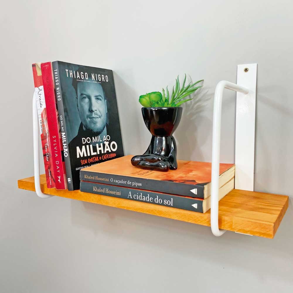 Prateleira de Parede de Ferro e Madeira Bracket Industrial 50cm Carvalho e Branco