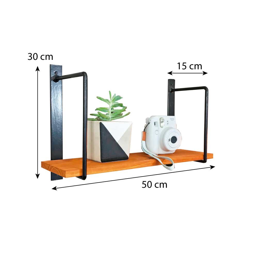 Prateleira de Parede de Ferro e Madeira Bracket Industrial 50cm Carvalho e Preto