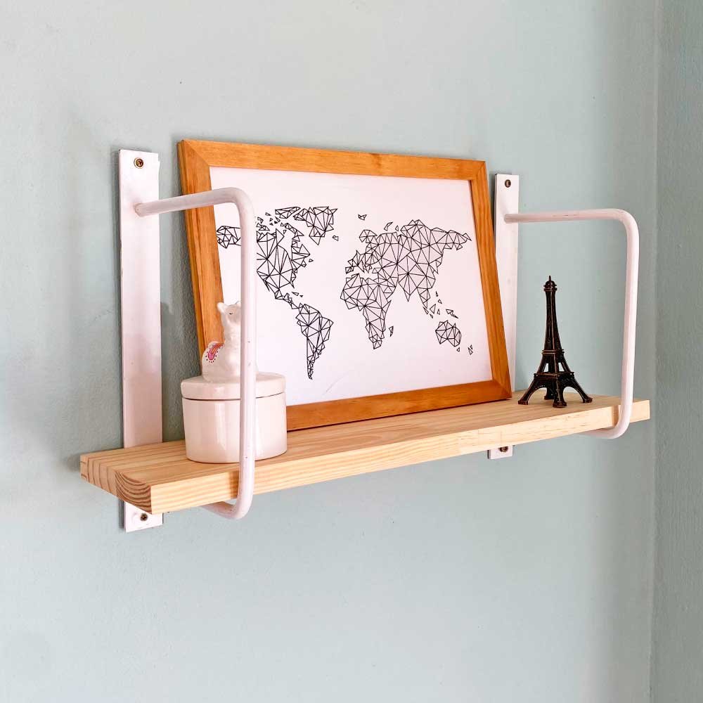 Prateleira de Parede de Ferro e Madeira Bracket Industrial 50cm Natural e Branco