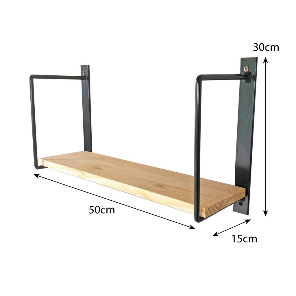 Prateleira de Parede de Ferro e Madeira Bracket Industrial 50cm Natural e Preto