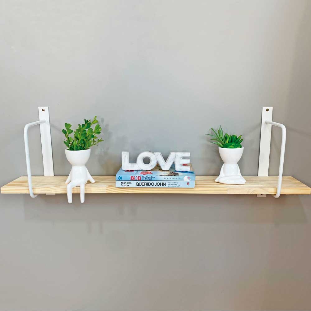 Prateleira de Parede de Ferro e Madeira Bracket Industrial 90cm Natural e Branco
