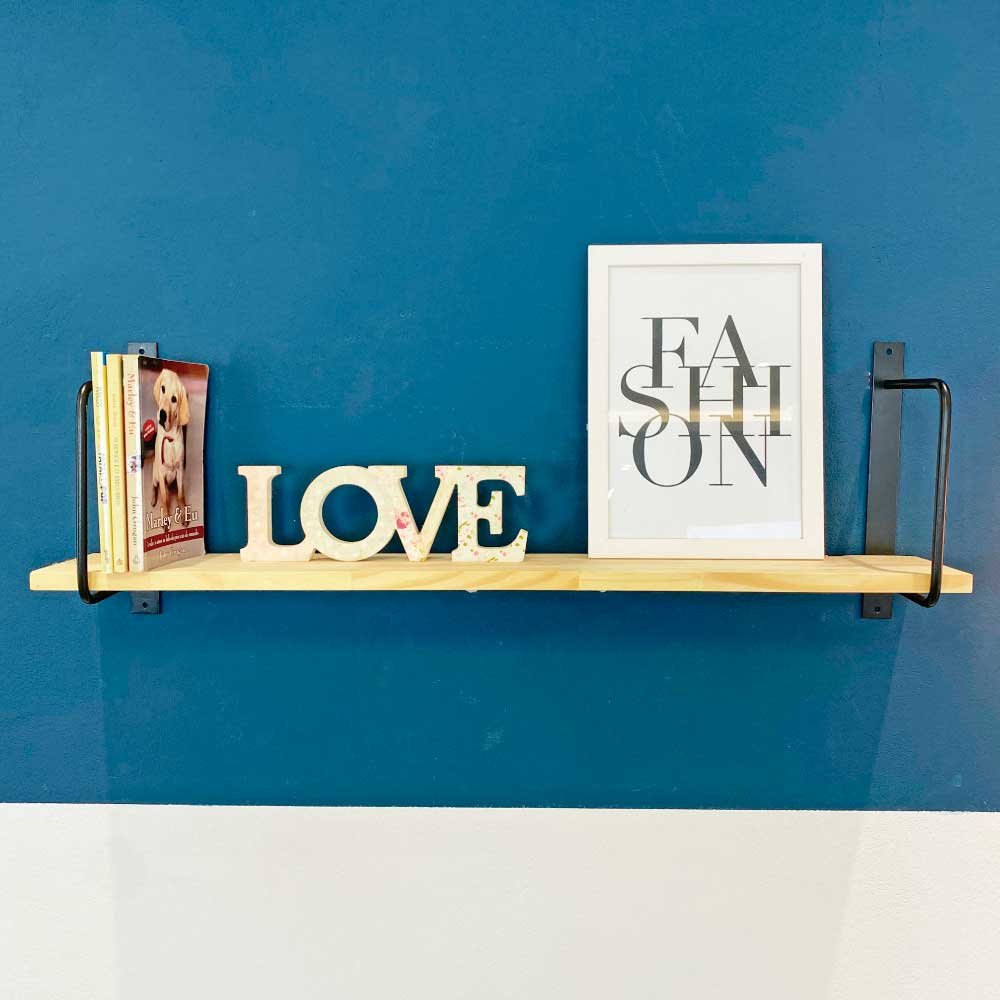 Prateleira de Parede de Ferro e Madeira Bracket Industrial 90cm Natural e Preto