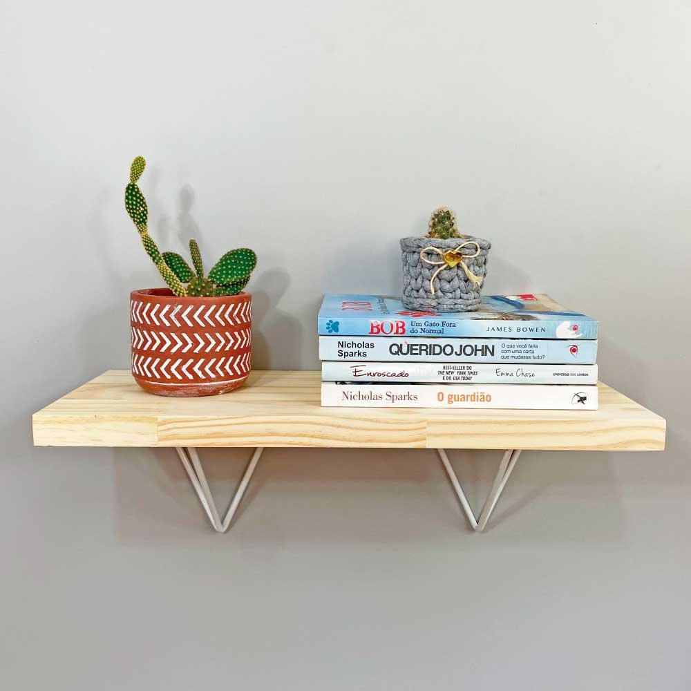Prateleira de Parede de Ferro e Madeira Industrial Pirâmide 60cm Natural e Branco