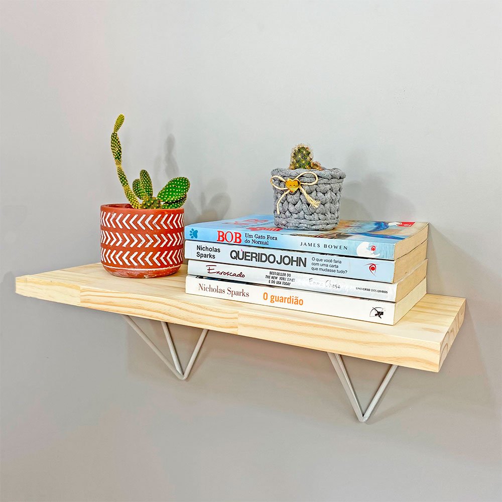 Prateleira de Parede de Ferro e Madeira Industrial Pirâmide 60cm Natural e Branco