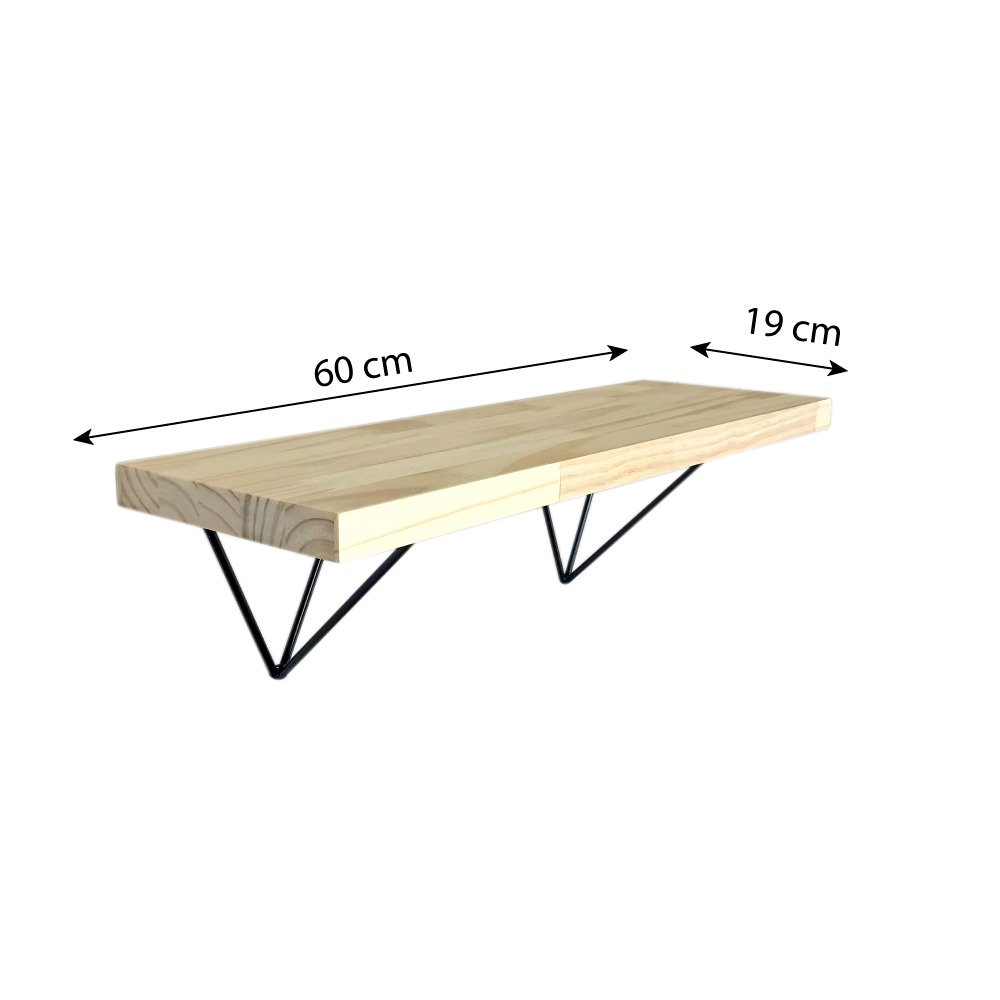 Prateleira de Parede de Ferro e Madeira Industrial Pirâmide 60cm Natural e Preto