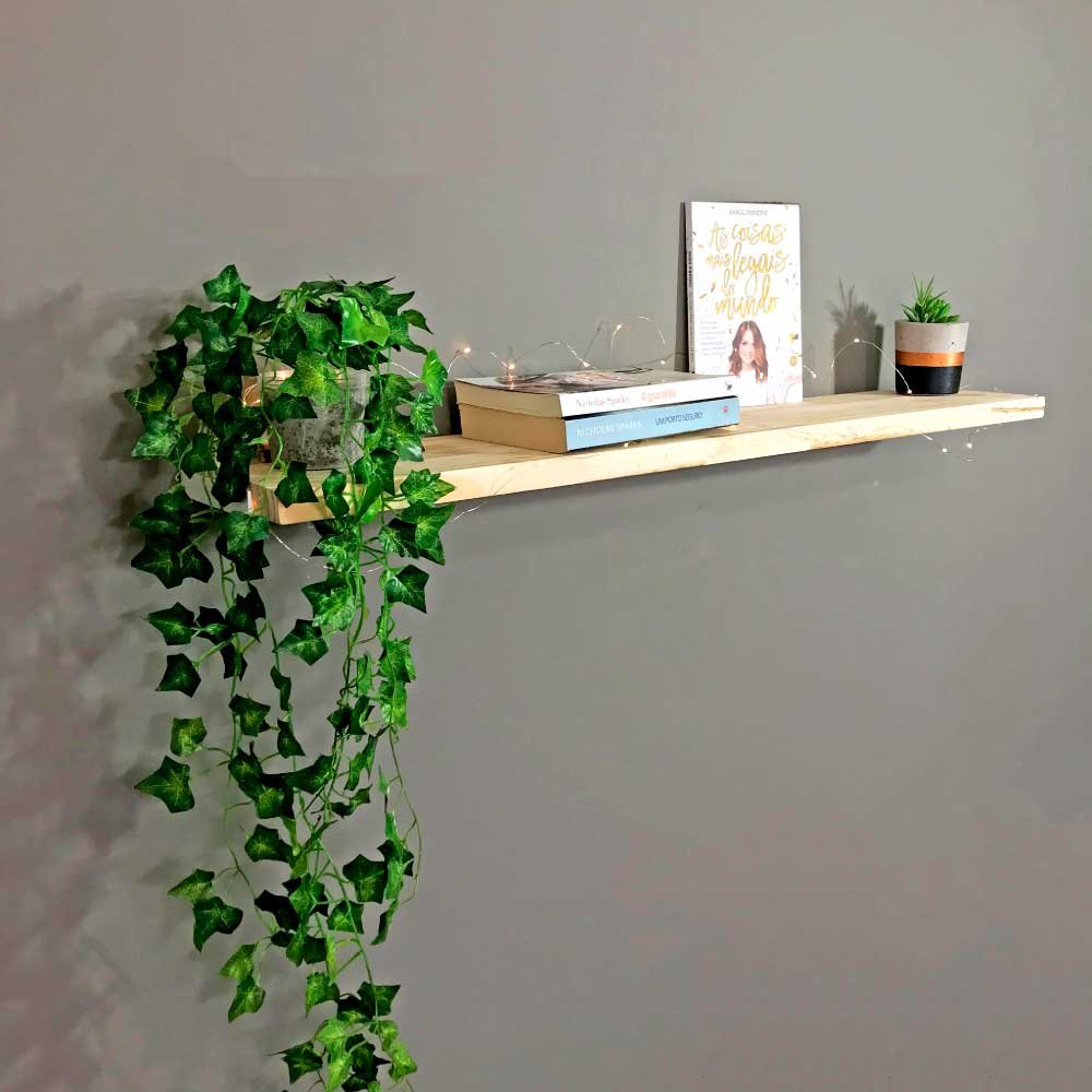 Prateleira de Parede de Ferro e Madeira Industrial Suspensa 100cm Natural e Branco