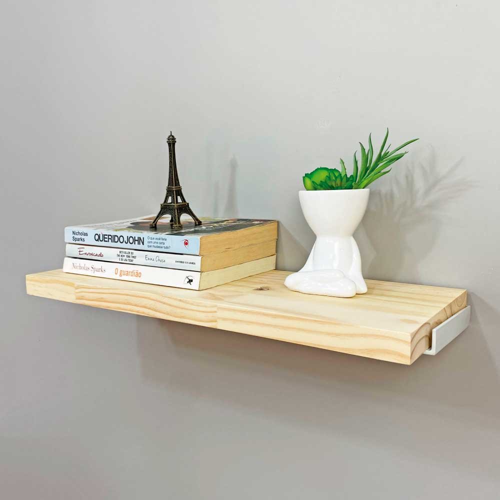 Prateleira de Parede de Ferro e Madeira Industrial Suspensa 60cm Natural e Branco